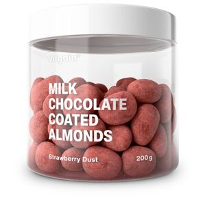 Vilgain Mandle v čokoláde – mliečna čokoláda v jahodovom prášku 200 g (dóza)