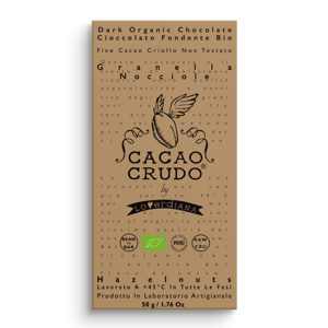 Cacao Crudo Raw Hořká čokoláda s nasekanými lískovými oříšky, 50 g *IT-BIO-006 certifikát