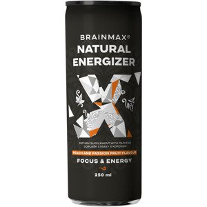 BrainMax Natural Energizer, energetický drink, rôzne druhy, 250 ml Príchuť: Broskev, marakuja Jemne perlivý energetický nápoj, podpora mentálneho aj fyzického výkonu, doplnok stravy, 250 ml