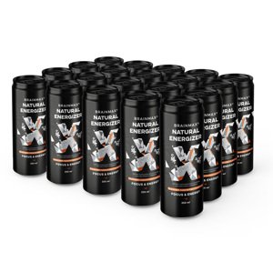 BrainMax Natural Energizer, energetický drink, Broskev, marakuja, 20x250 ml Perlivý energetický nápoj, podpora mentálneho aj fyzického výkonu, doplnok stravy, 250 ml