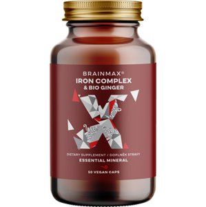 BrainMax Iron Complex, železo bisglycinát, 25 mg, 50 rostlinných kapslí Železo v chelátovej forme s vitamínom C, B9 a B12, novo s BIO zázvorom, doplnok stravy