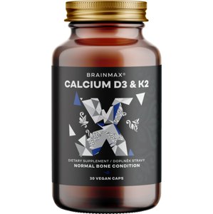 BrainMax Calcium D3 & K2, vápník s vitamínem D3 & K2, 30 rostlinných kapslí Vápnik citrát s vitamínom D3 as najlepšie vstrebateľnou patentovanou formou vitamínu K2 MK-7, 90 dávok, doplnok stravy