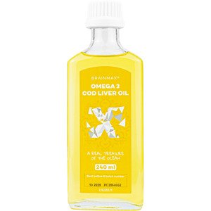BrainMax Omega 3, Olej z tresčej pečene, citrón, 240 ml Výnimočný čistý a kvalitný zdroj Omega 3 z Islandu, 920 mg DHA, 690 mg EPA, Vitamín A, D, E, Cod Liver Oil