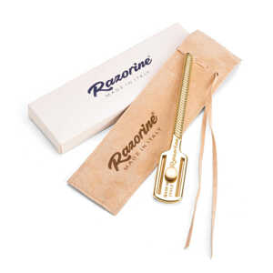 Razorine - obojstranný holiaci strojček shavetta, celá čepeľ + DERBY Professional - náhradné žiletky, 10 ks Razorine Premium Brass - zlatá drážkovaná